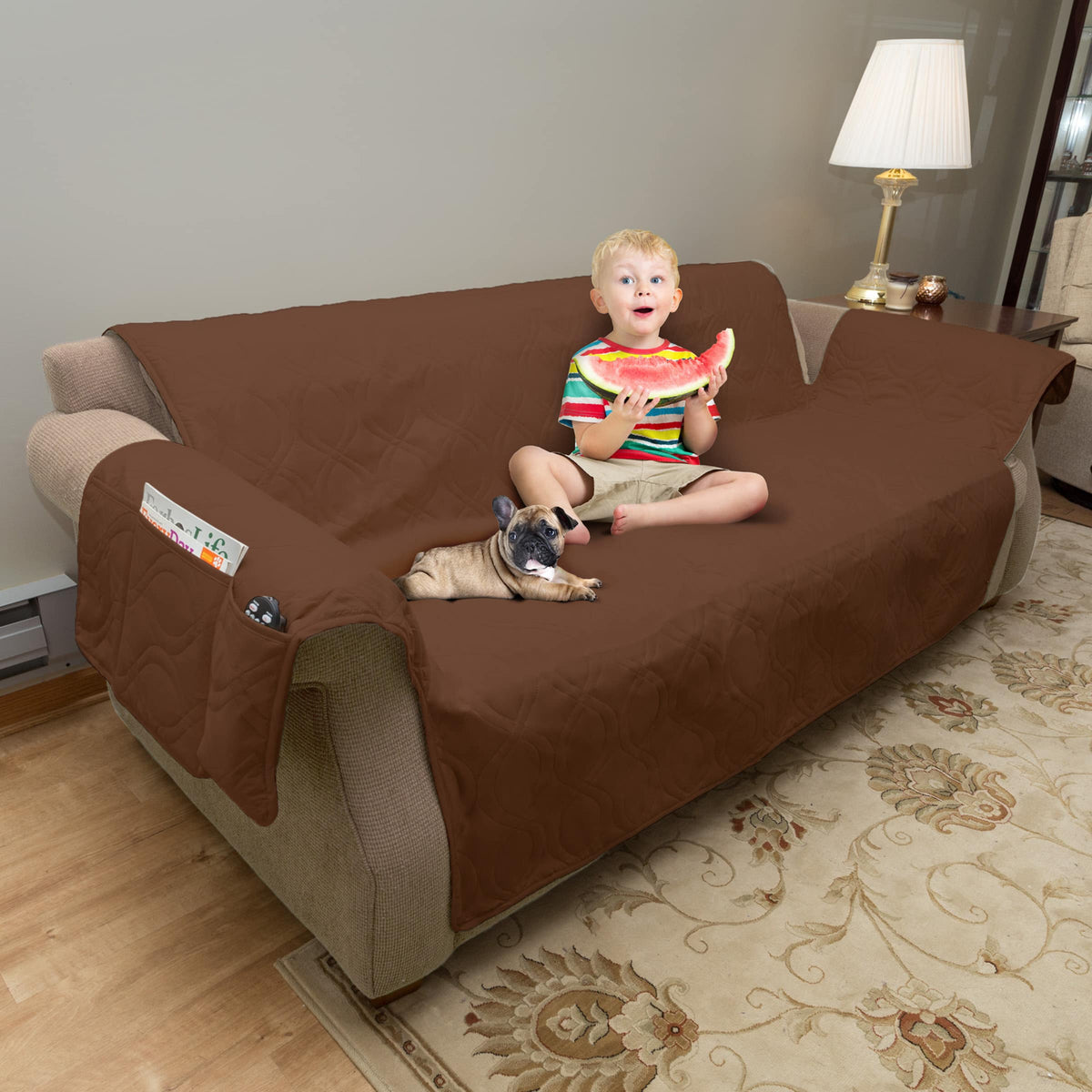 PetMaker - Couch Slipcover for Dogs Cats 100-Percent Waterproof Washable 3-Cushion Pet Sofa Furniture Cover with Non-Slip Straps - Brown