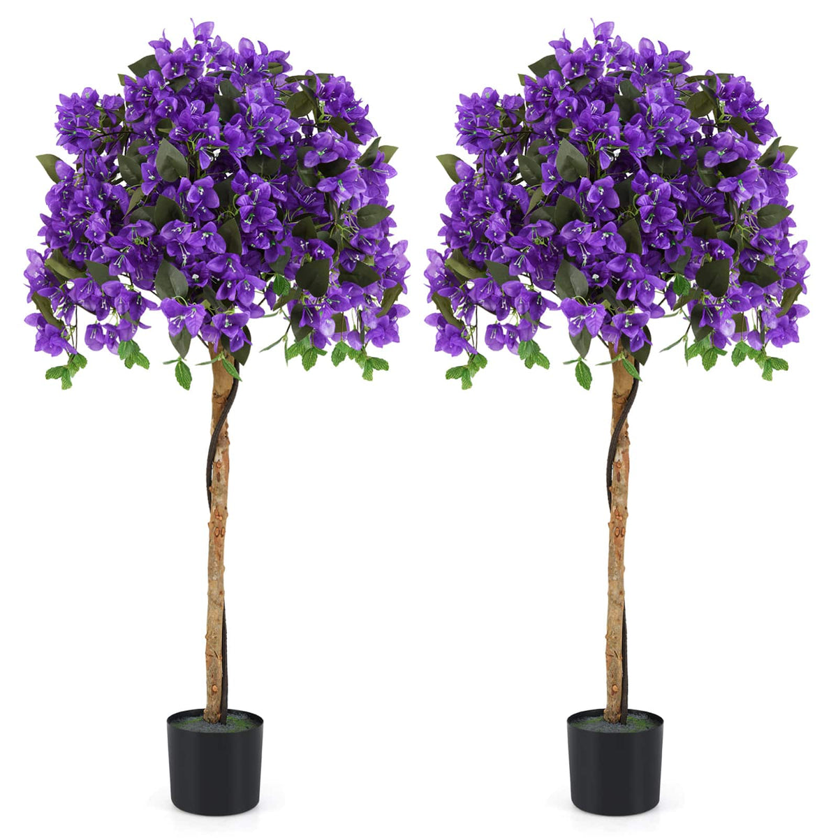 Gymax - 53'' Artificial Azalea Tree Faux Floral Plant w/ Red Azalea Flowers Nursery Pot - Green, Purple