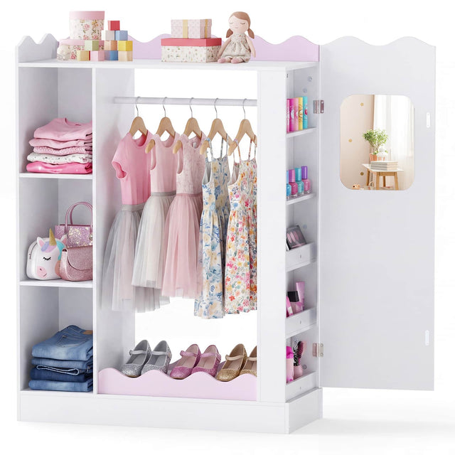 Front. Costway - Costway Kids Dress Up Storage with Mirrors, Children Wardrobe Closet with Open Hanging Rack - Pink.