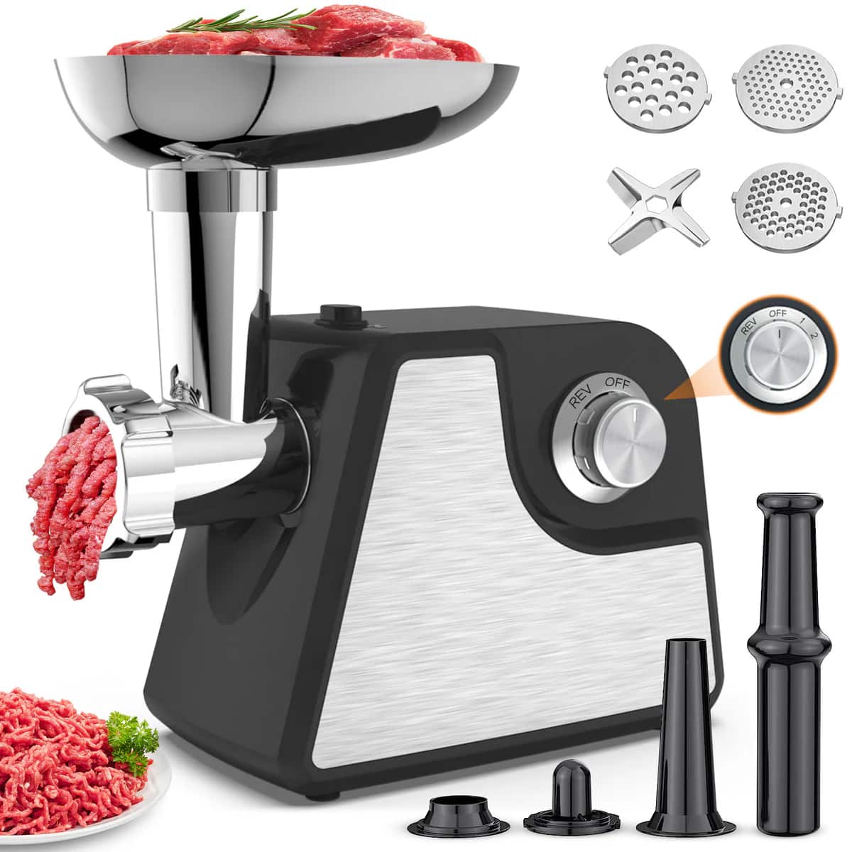 Anysun - 2400W Meat Grinder - 2 Adjustable Speeds, Electric for Home Use, Includes Sausage Stuffer - Black