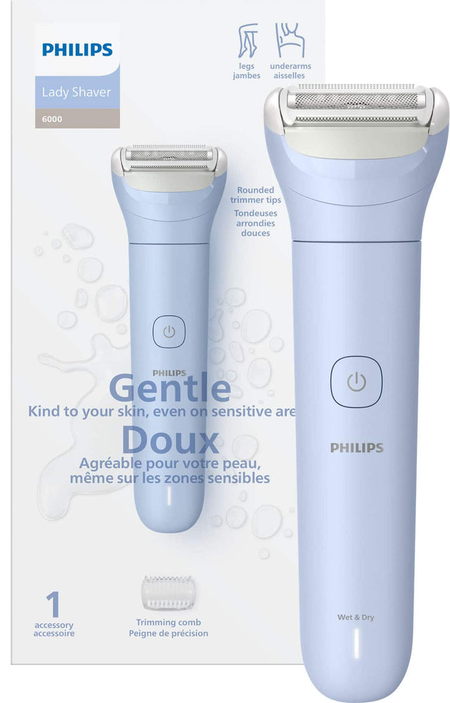 PHILIPS  
Lady Shaver  
6000  

Rounded trimmer tips  
Tondeuses arrondies douces  

Gentle  
Kind to your skin, even on sensitive areas  
Doux  
Agréable pour votre peau, même sur les zones sensibles  

1 accessory  
accessoire  

Trimming comb  
Peigne de précision  

Wet & Dry
