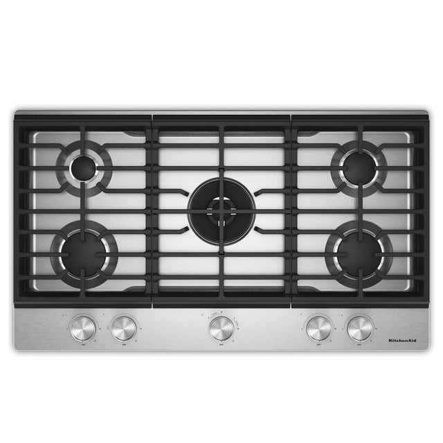 Front. KitchenAid - 36  in. Gas Cooktop with 5 Burners and Integrated Wok Grate - Stainless Steel.