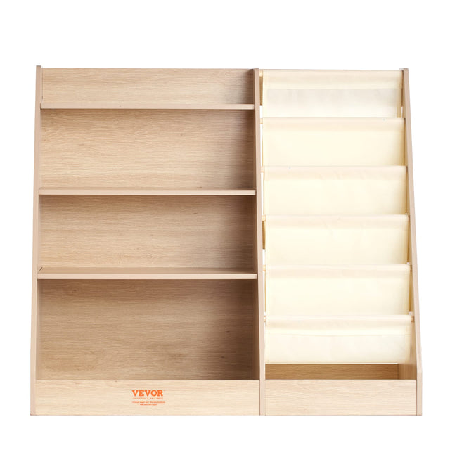 Front. VEVOR - 4-Tier Kids Wooden Bookshelf, Six-Layer Sling Bookcase, Baby Storage Book Rack, Book Toy Organizer Cabinet - Wood color.
