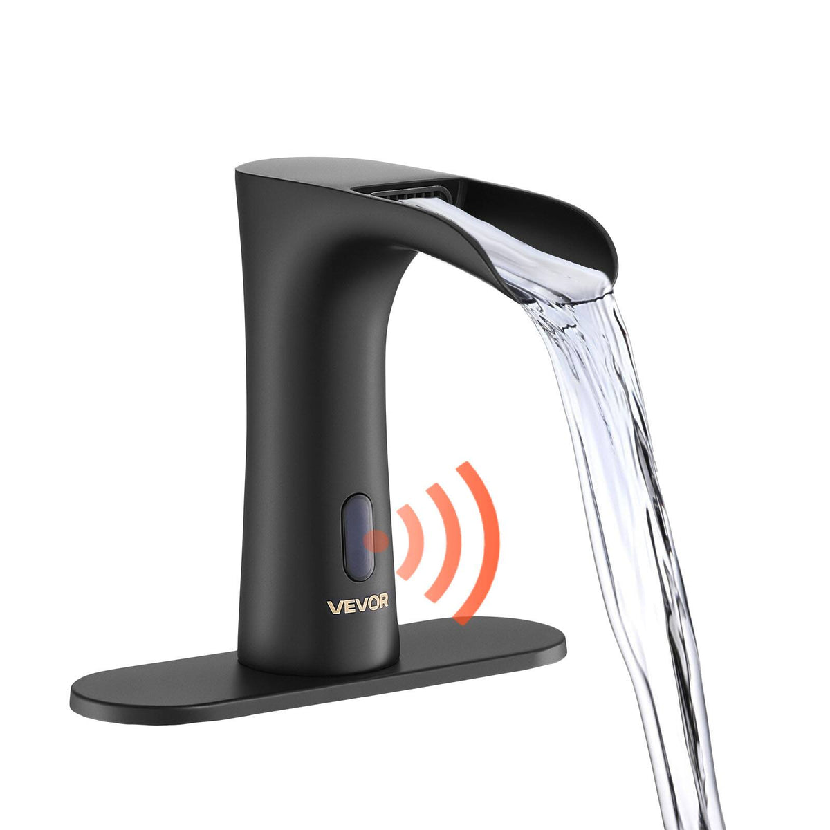 VEVOR - Touchless Bathroom Sink Faucet, Automatic Motion Sensor Waterfall Restroom Toilet Faucet with Hole Cover Plate - Matte Black