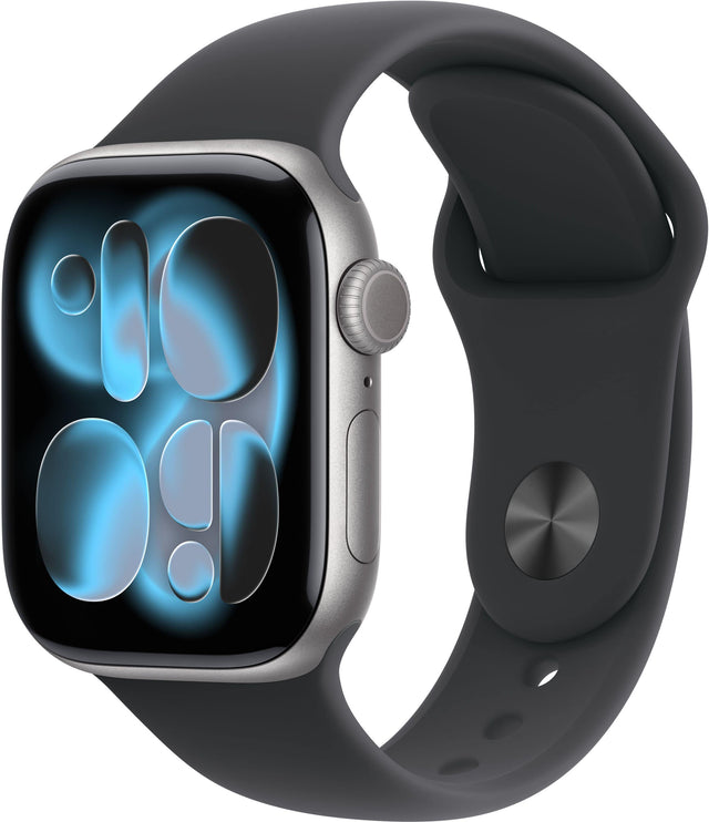Front. Apple - Apple Watch Series 11 (GPS+Cellular) 42mm Aluminum Case with Black Sport Band - S/M - Space Gray.