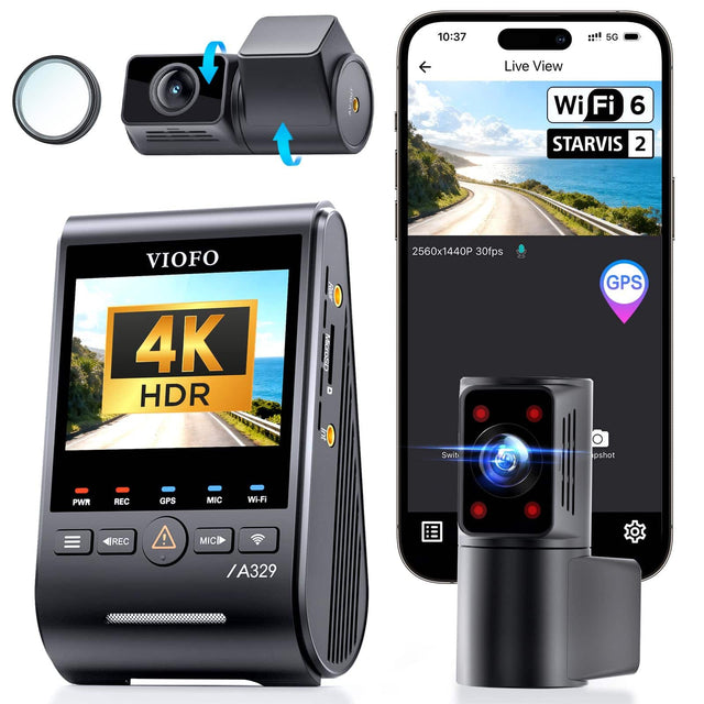 10:37 5G Live View Wi-Fi 6 STARVIS 2 VIOFO 4K HDR 2560x1440P 30fps GPS Switch Shot PWR REC GPS MIC Wi-Fi REC ! MIC A329
