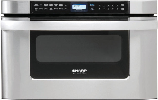 Setup Beverage Sensor Sensor Sensor Meit Open - Center Popcorn Cook Reheat -tal Soften Warm Keep Defrost Reheat Close Lesk Warm OOR 12:30 Easy Open MICROWAVE DRAWER START Ples Stop Clear 1 6 2 7 3 8 4 9 5 0 Power Level Farmer Clock SHARP INSIGHT-PRO