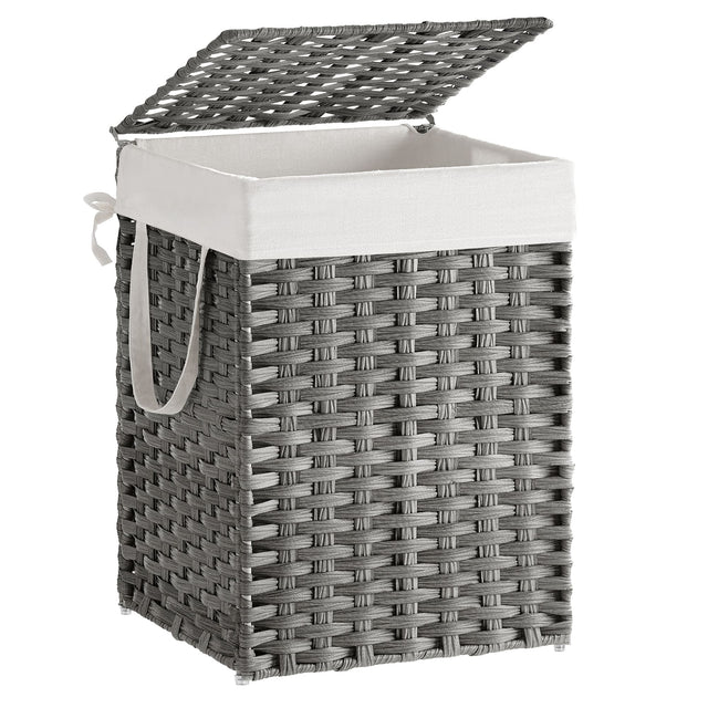 Front. Songmics Home - Laundry Hamper with Lid, 17.2 Gallon (65 L) Synthetic Rattan Clothes Laundry Basket with Lid and Handles, Foldable - Dove Gray.