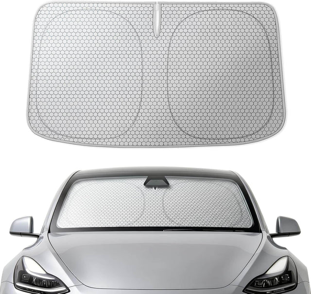 Front. WOLFBOX - Foldable Car Windshield Sun Shade Tesla Model Y/Model 3, Maximum UV & Heat Shield (Graphene 56.3''x37'') - Sliver.