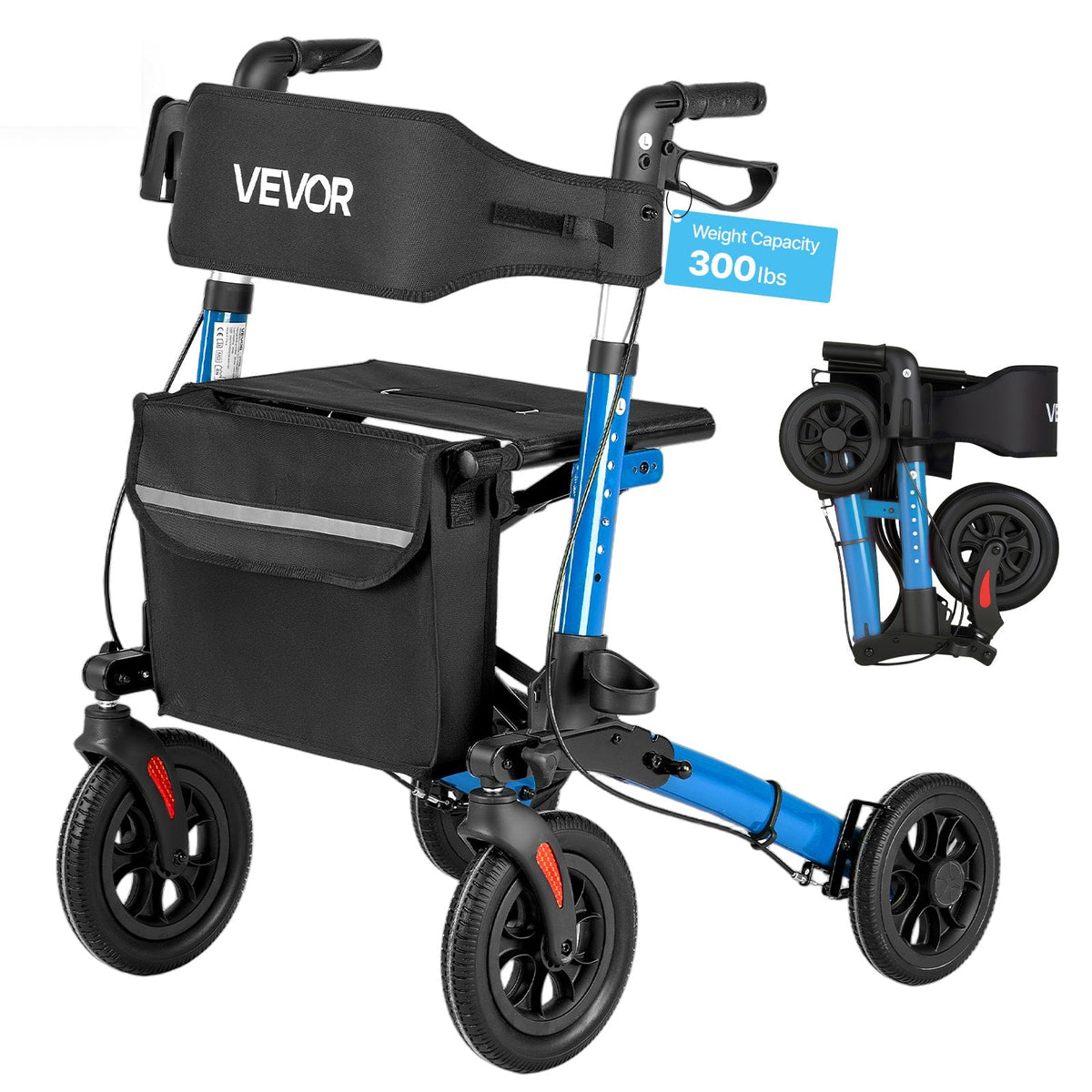 VEVOR - Rollator Walker with Seat for Seniors, Ultra Compact 3-Fold Rolling Walker, Lightweight Aluminum Mobility Walking Aid - Black;Blue
