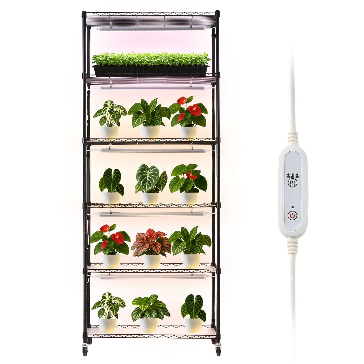 VEVOR - Plant Shelf with Grow Light, 6-Tier Indoor Plant Stand, 71in Tall Plants Display Rack with Wheels & 4/9/14H Timer - Black