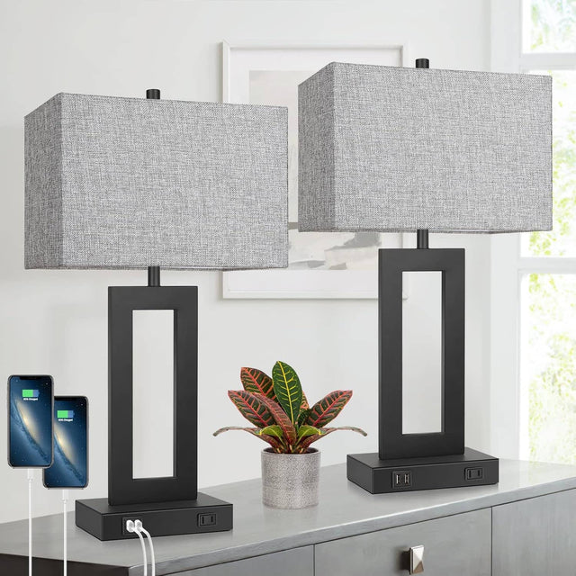 Front. Nordic Hygge - Set of 2 Touch Control Table Lamps with USB Ports Fabric Gray Shade - multicolor.