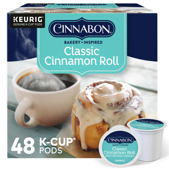 NOL. NASS Cinr  tAHU IG SE FEUP KEURIG GENUINE K-CUP PODS CINNABON. BAKERY INSPIRED Classic Cinnamon Roll 48 K-CUP PODS CINNATION | ..O.. CE- cinnamon_koli E12 cinnar claRric Roll A REURIE CINNABON BAKERT NSPIRED Classic Cinnamon Roll ATURALLY AND ARTIFICIALLY FLAVORED COFFEE KEURIG