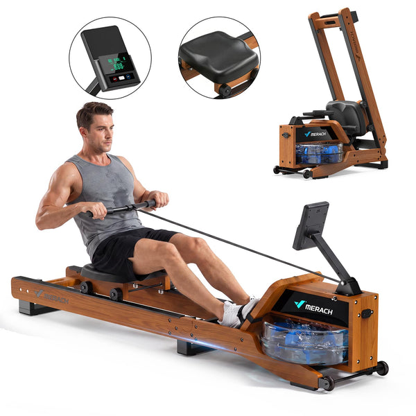 MERACH - Oak Water Rowing Machines for Home with 12 Enhanced Resistance Blade, Upgraded Handle, Adjustable Footpad - Wood