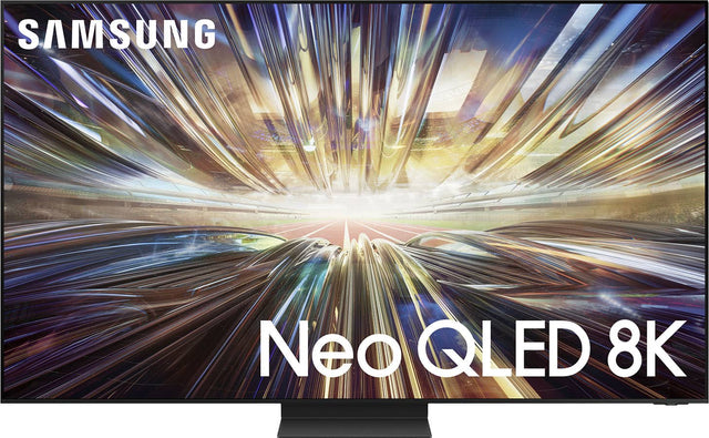 The image features a large Samsung Neo QLED 8K television screen with a vibrant and colorful display. The screen is prominently placed in the center of the image, capturing attention. The TV screen is surrounded by a white background, which helps to emphasize the vivid colors and details of the display. The Samsung logo is also visible at the top left corner of the image, further emphasizing the brand and model of the television.