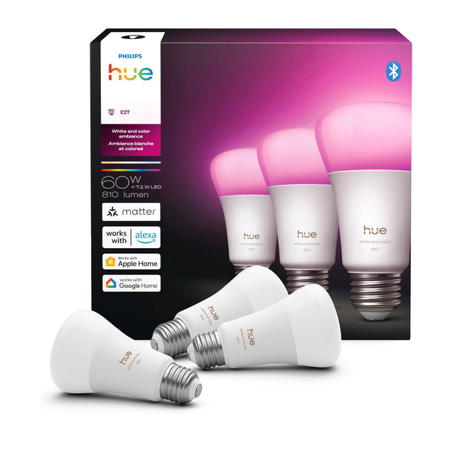 PHILIPS hue E27 White and color ambiance  
Ambiance blanche et colorée  
60W = 7.2W LED  
810 lumen  
matter  
works with Alexa  
Works with Apple Home  
works with Google Home