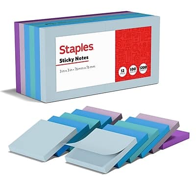 Staples - Sticky Notes, 3" x 3", Marina Collection, 100 Sheets/Pad, 12 Pads/Pack - Assorted Watercolors