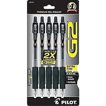 Pilot - G2 Retractable Gel Pens, Extra Fine Point, 0.5mm, Black Ink, 5/Pack - Clear