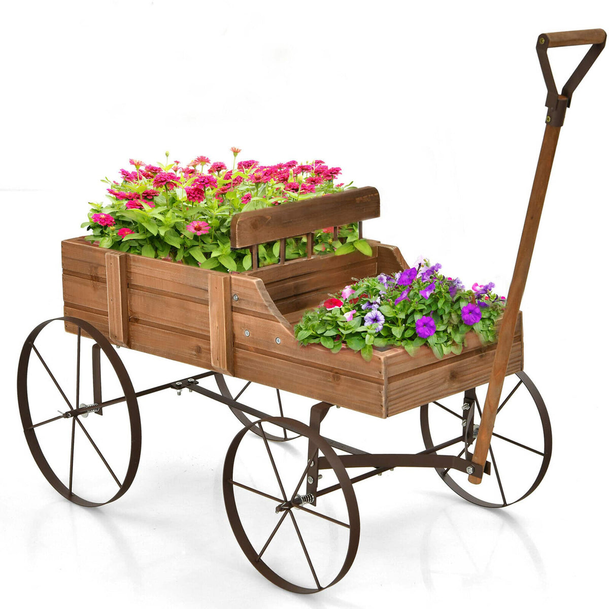Gymax - Garden Plant Planter Wooden Wagon Planter W/ Wheel Garden Yard - Brown