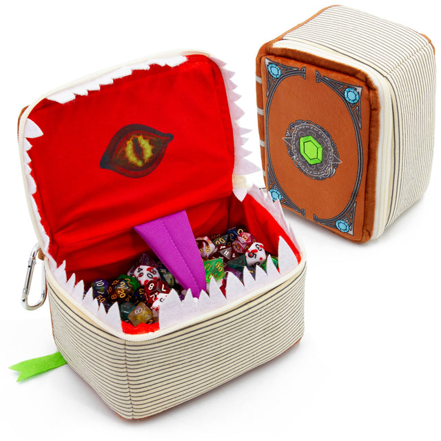 Front. CASEMATIX - Mimic Spell Book Dice Case with 7 RPG Dice Set, Plush Dice Holder for 250 Dice, Travel-Ready.
