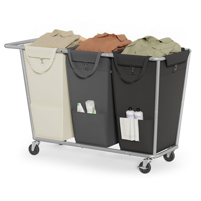 Front. Songmics Home - Laundry Basket with Wheels, 3-Section Laundry Sorter, 76.6 Gallons (290 L) Rolling Hamper with Removable Bags - Dark Gray and Ink Black.