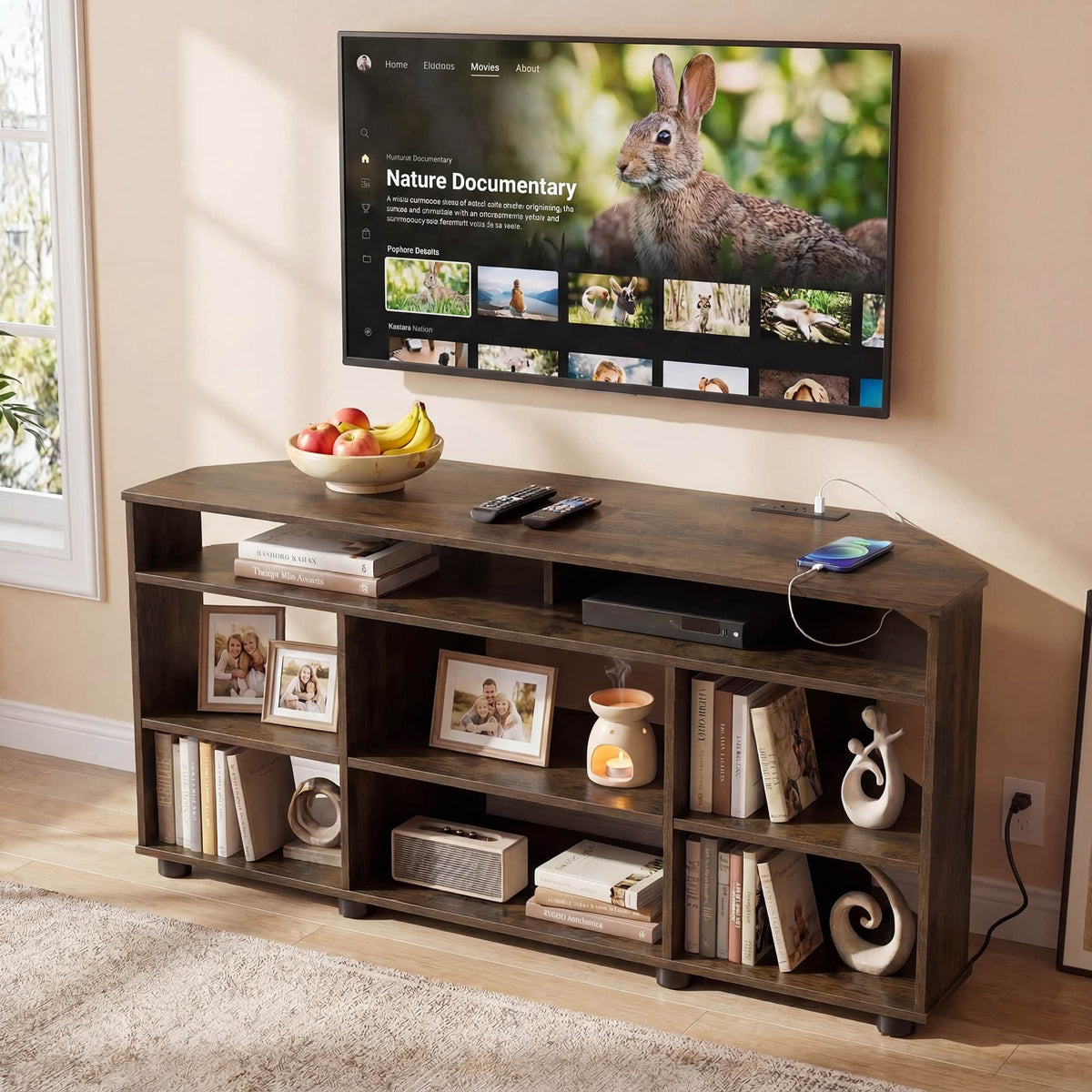 Costway - Corner TV Stand for TVs up to55 Inch,4-Tier Entertainment Center with Power Outlets - Brown