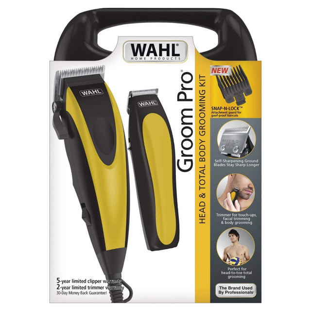 WAHL HOME PRODUCTS  
NEW Pro Grooming Kit  
WAHL SNAP-N-LOCK Grooming Attachment Guard  
Goof-proof Haircuts  
Self-Sharpening Blades Stay Sharp Longer  
TOTAL HEAD & BODY Trimmer  
Facial, Body Trimming & Touch-ups  
5-year Limited Clipper Warranty  
2-year Limited Trimmer Warranty  
30-Day Money Back Guarantee!  
Perfect for head-to-toe total grooming  
The Brand Used By Professionals