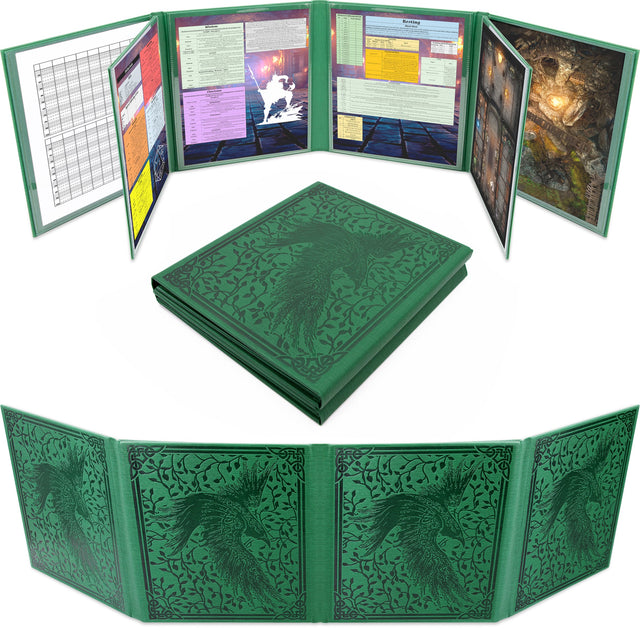 Front. CASEMATIX - Deluxe 8-Panel DM Screen, Faux Leather GM Screen with 2 Swing Panels & 8 Wet-Erase Pockets, Green.