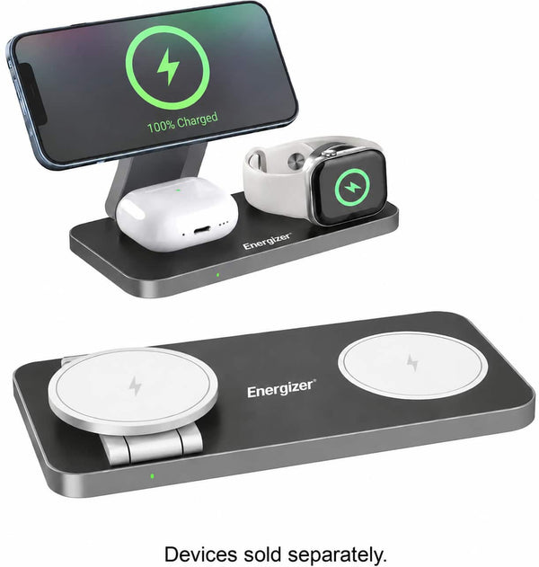 Energizer - 3-in-1 15W Magnetic MagSafe/Qi2 Compatible Fast 15W Charger, Charging Station/Stand for iPhone + AirPods + Apple Watch - Black