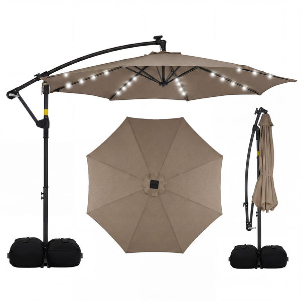 Costway - 10 FT Solar Offset Hanging Umbrella Patio Cantilever Umbrella with 32 LED Lights - Brown