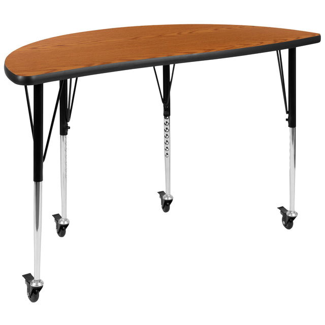 Front. Emma + Oliver - Mobile 47.5" Half Circle Wave Flexible Collaborative Adjustable Height Activity Table - Oak.