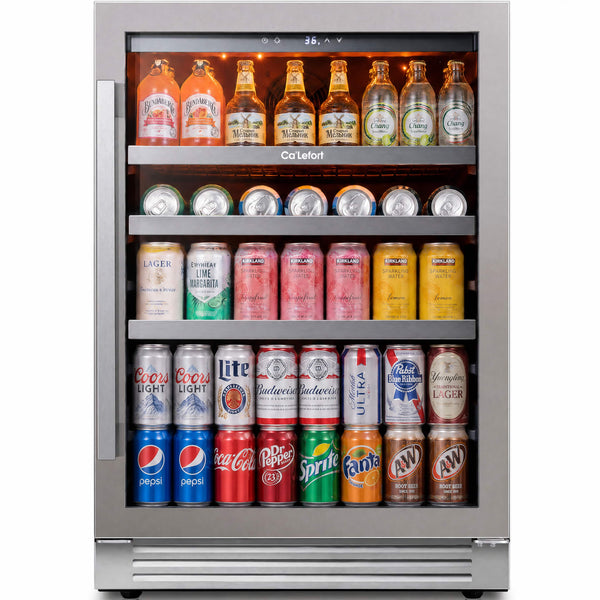 Ca'Lefort - 24 inch Beverage Refrigerator, 180 Cans Built-in Beverage Cooler, 34-54 ℉, 3 Color LED Drink Cooler with Glass Doors - Stainless Steel