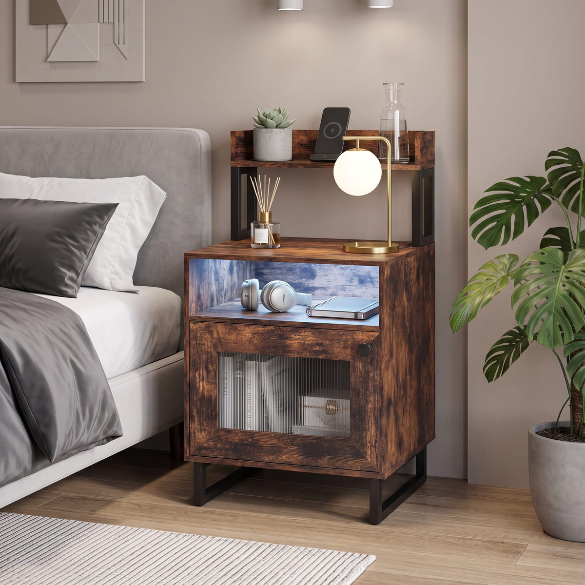WELLFOR - LED Nightstand with Top Tray Open Compartment and Storage Cabinet - Rustic Brown