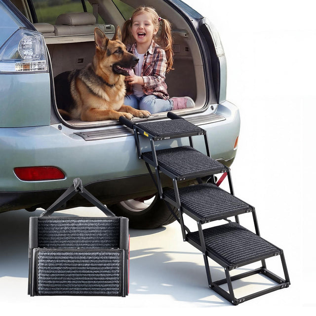Front. VEVOR - Dog Stairs for Car, 4 Steps Extra Wide Foldable Dog Ramp for Large Dogs with Non-Slip Rug Surface, Portable Lightweight - Black.
