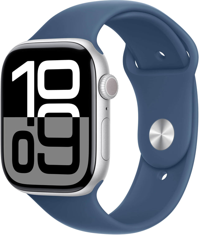 Angle. Apple - Geek Squad Certified Refurbished Apple Watch Series 10 (GPS+Cellular) 46mm Aluminum Case with Denim Sport Band - M/L - Silver.