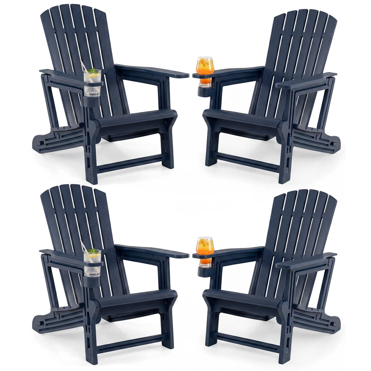 Costway - HDPE Adirondack Chair Set of 4 with Cup Holder, Wood-Like Texture, High Backrest - Blue