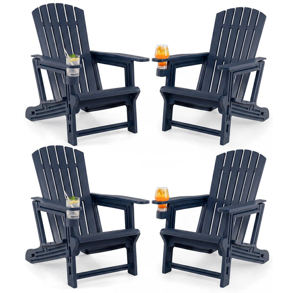 Costway - HDPE Adirondack Chair Set of 4 with Cup Holder, Wood-Like Texture, High Backrest - Blue
