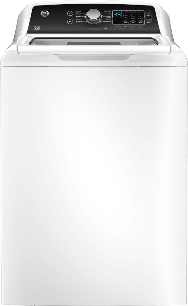 GE - 4.5 Cu. Ft. Top Load Washer with Water Level Control, Deep Fill, Quick Wash, and Glass Lid - White with Matte Black