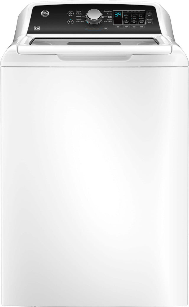 Front. GE - 4.5 cu ft Top Load Washer with Water Level Control, Deep Fill, Quick Wash, and Glass Lid - White with Matte Black.