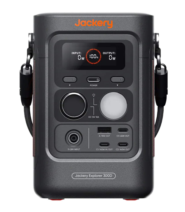 Jackery Explorer 300D

INPUT: 100% Ow POWER L DC 12V ACr A: war OUT C3 65W OUT 11-28V INPUT Ct N4oW IN OUT C2: NOW OUT