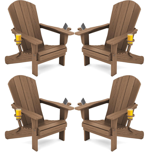 Front. SERWALL - Adirondack Chairs Set of 4 with Cup Holders,Composite Adirondack Chairs,HDPE Outdoor Chairs - Brown.