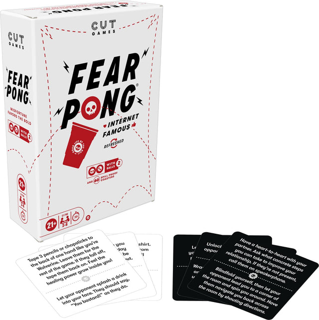 **CUT GAMES**

**FEAR PONG**  
*INTERNET FAMOUS*  
*REFRESHED*

**MISFORTUNE FAVORS THE BOLD**  
*WITH 2 BALLS*  
*SPILL PROOF*  
*AND 60 COASTERS*

**21+**  
*2-8*

---

**Tape 3 pencils or chopsticks to the back of one of the balls. Leave them for the rest of the game. If they fall off, tap them back on. Feel the healing power grow inside you!**

**Let your opponent splash a drink into your face. They should say, "You bastard!" as they do.**

**Have a heart-to-heart with your partner. Ask them what steps 