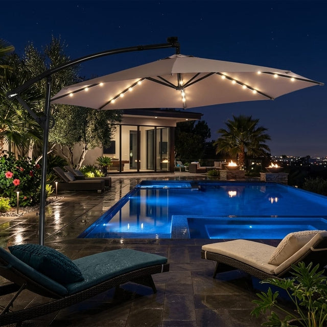 Front. WELLFOR - 10FT 360° Rotation Solar Powered LED Offset Patio Umbrella with Tilt and Crank.