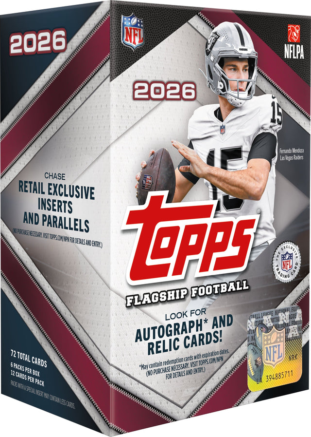 2026  
NFL  
NFLPA  
2026  
19 Fernando Mendoza Las Vegas Raiders  
CHASE RETAIL EXCLUSIVE NFL INSERTS AND PARALLELS (NO PURCHASE NECESSARY. VISIT TOPPS.COM/NPN FOR DETAILS AND ENTRY.)  
THE NFL CARD TRADING FLAGSHIP FOOTBALL  
LOOK FOR AUTOGRAPH* AND RELIC CARDS!  
72 TOTAL CARDS  
6 PACKS PER BOX  
12 CARDS PER PACK  
*May contain redemption cards with expiration dates.  
NO PURCHASE NECESSARY. VISIT TOPPS.COM/NPN FOR DETAILS AND ENTRY.  
PACKS WITH A SPECIAL INSERT MAY CONTAIN LESS CARDS.