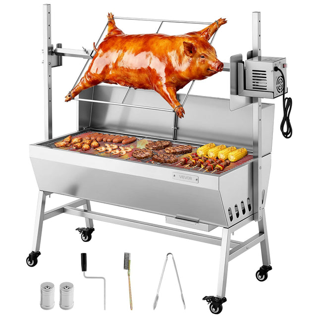 Front. VEVOR - Rotisserie Grill, 38W BBQ Outdoor Pig & Lamb Spit Roaster, Charcoal Spit Roaster with 132 LBS Load Capacity - Stainless steel color.