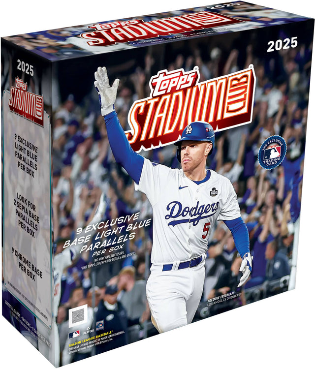 2025 TOPPS STADIUM

9 EXCLUSIVE LIGHT BLUE PARALLELS PER BOX

9 EXCLUSIVE BASE LIGHT PARALLELS PER BOX

9 CHROME BASE PARALLELS PER BOX

LOOK FOR 2 SEPIA BASE PARALLELS PER BOX

FREDDIE FREEMAN
LOS ANGELES DODGERS

MAJOR LEAGUE BASEBALL
OFFICIALLY LICENSED PRODUCT

VISIT TOPPS.COM/NPN FOR DETAILS AND ENTRY (NO PURCHASE NECESSARY)

PRODUCT OF CHINA

MADE IN CHINA
