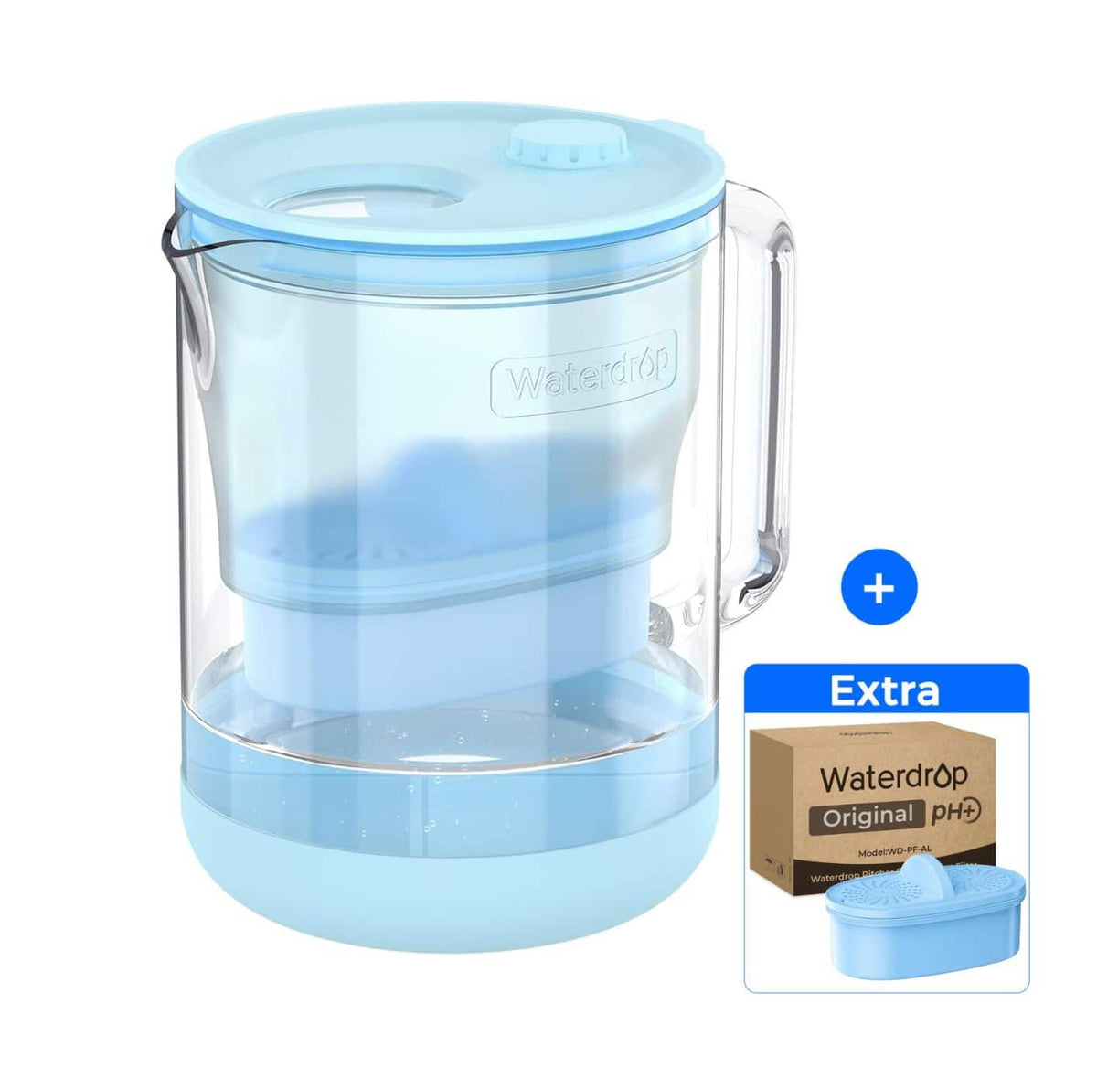 Waterdrop - PT-72B-A Glass Alkaline Water Filter Pitcher, 7-Cup, EXTRA PF-AL Filter - Blue