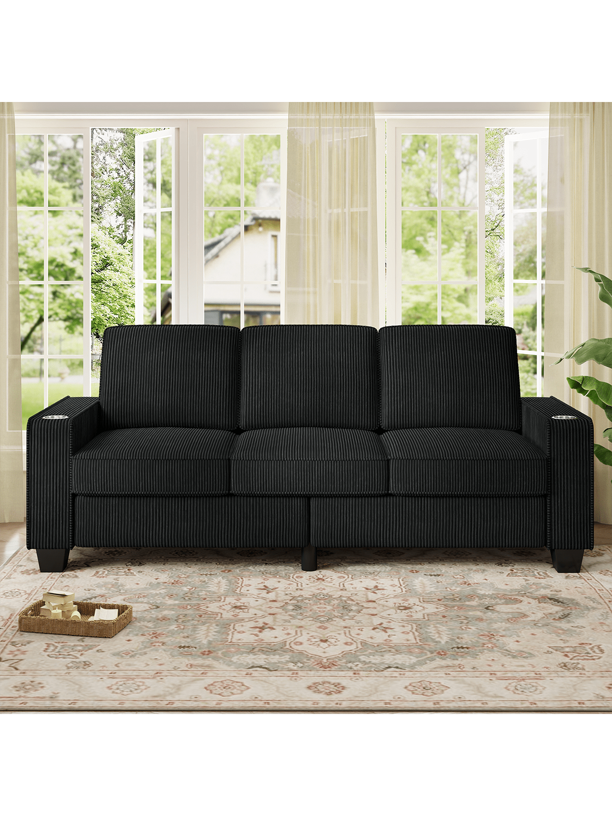 Trinkets Crazed - 83.5 Inch Oversized 3 Seater Couch,Upholstered Corduroy Love Seat Sofa for Living Room,Modern Deep Seat Loveseat Sofa - Black