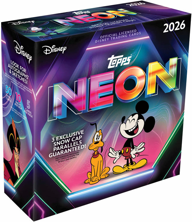 2026 Disney Topps Neon Official Licensed Disney Trading Cards 2026

Look for Autographs & Sketches!

50 Cards Per Box
10 Packs Per Box
5 Cards Per Pack

3 Exclusive Snow Cap Parallels Guaranteed!

No Purchase Necessary. For Details and Entry, Visit Topps.com

Disney Neon