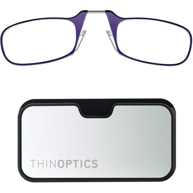 Front. ThinOptics - 2.0 Reading Glasses with Silver & Black Metal Universal Pod Case - Purple.
